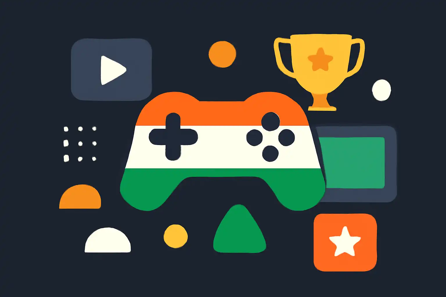 Hero illustration: Tiranga Game, modern flat design, dark background, brand-neutral, icons and shapes only, no text