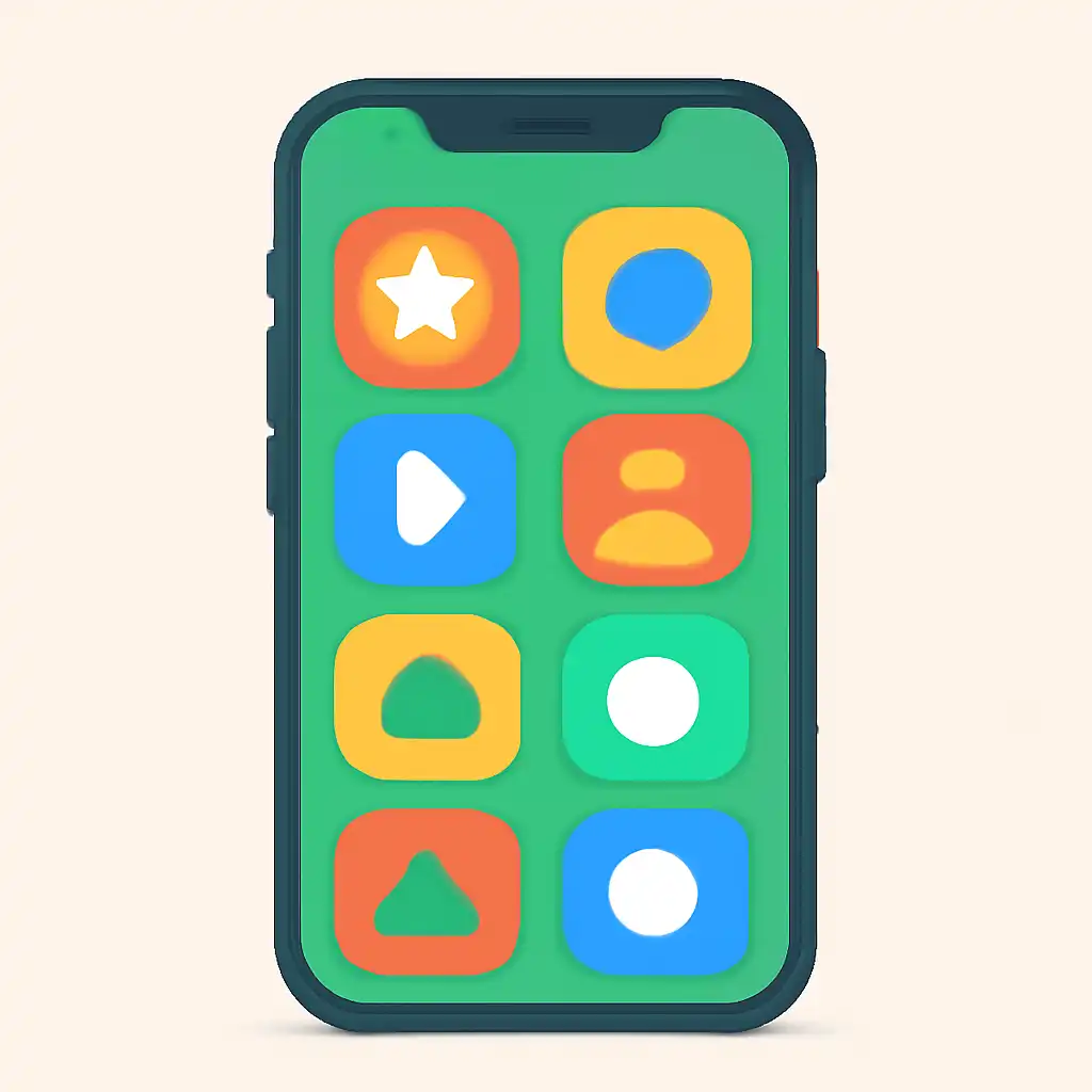 Smartphone shown from the front displaying a colourful flat layout of abstract game icons and rounded tiles (no text, no letters, no labels), Tiranga Game