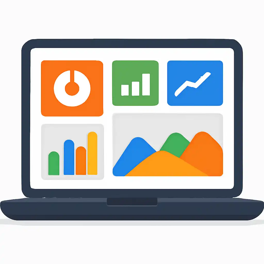 Laptop shown from the front displaying a colourful flat dashboard of abstract charts, bars and icon tiles (no text, no letters, no labels), Tiranga Game